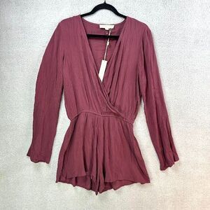 Love Stitch Faux Wrap Romper Size M Dusty Burgandy Shorts Long Sleeve Flowy Boho